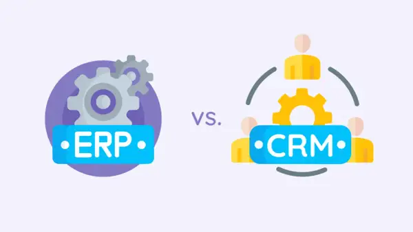 Iconos que representan ERP (engranajes) y CRM (personas y engranajes), comparando sistemas de gestión empresarial.