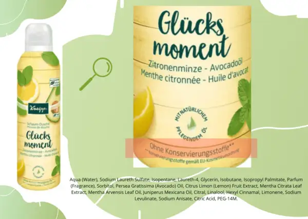 Kneipp Glücksmoment Schaum-Dusche mit Zitrone & Avocado. Inhaltsstoffe wie Sodium Anisate sorgen für ein erfrischendes Duscherlebnis.