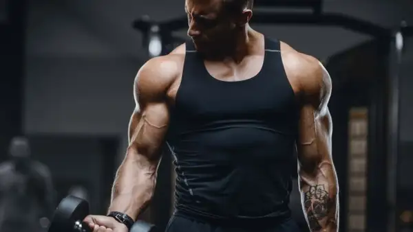 Ein Mann mit beeindruckenden **Armmuskeln** hebt eine Hantel im Fitnessstudio. Seine Bizeps und Unterarme sind stark definiert.