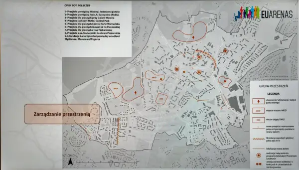 Mapa planistyczna Gdańsk Morena z zaznaczonymi przejściami, MPZP i terenami zielonymi.