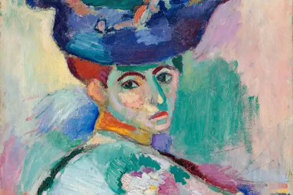 A portrait in the vibrant Henri Matisse art style, featuring bold colors and expressive brushstrokes. A woman with a large blue hat gazes forward.
