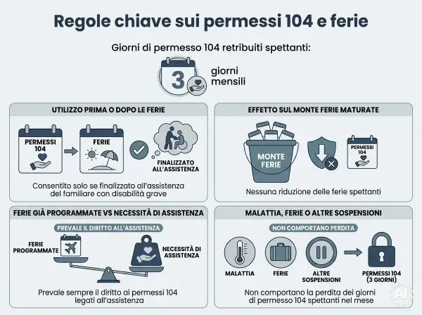 Infografica sulle regole dei permessi 104 e ferie. Spiega la differenza tra legge 102 e 104, i giorni spettanti e come si integrano con le ferie.