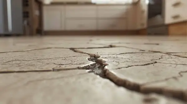 Gros plan sur un carrelage mal posé, fissuré et soulevé, révélant un travail bâclé.