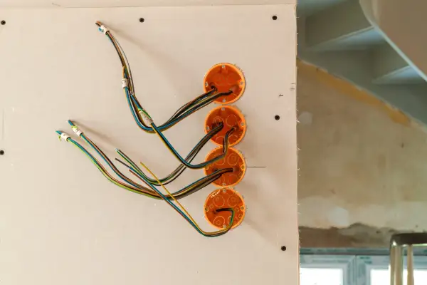 Instalacja elektryczna w domku drewnianym w trakcie prac. Widoczne puszki instalacyjne i przewody.
