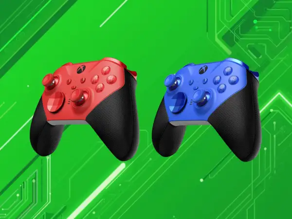 Dwa kontrolery Xbox Elite Series 3, czerwony i niebieski, na zielonym tle z elementami obwodów.
