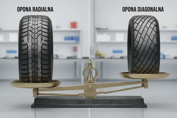 Opony radialne i diagonalne na wadze. Opona radialna po lewej, diagonalna po prawej.