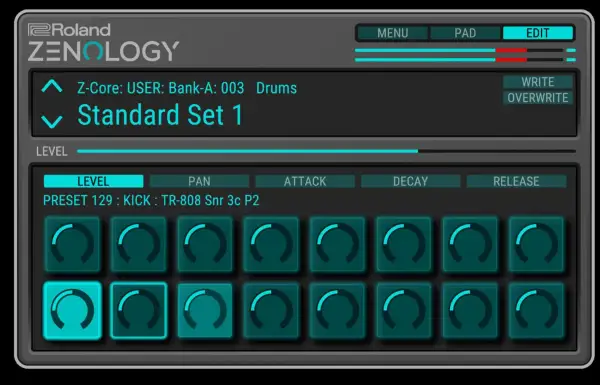 Roland ZENOLOGY interface showing "Standard Set 1" drum preset. Explore sound design options; is Zenology free?