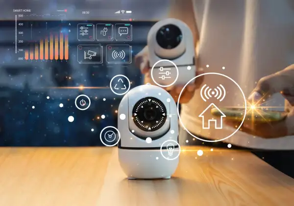 Caméras intelligentes connectées, illustrant le fonctionnement d'une caméra de surveillance et de la domotique.