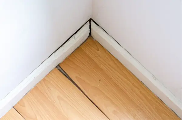Esquina de habitación con suelo laminado hinchado por agua, mostrando las tablas separadas y levantadas.