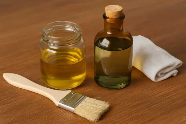 Pinceau, pot de lin et flacon d'essence de térébenthine pour le traitement du carrelage.