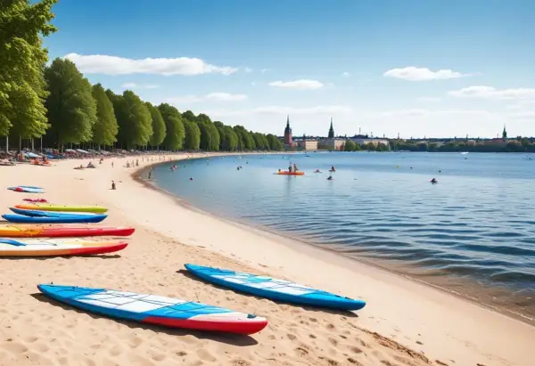 Färgglada kajaker på stranden vid en av Stockholms badplatser. Människor badar och paddlar i det blå vattnet med stadens silhuett i bakgrunden.