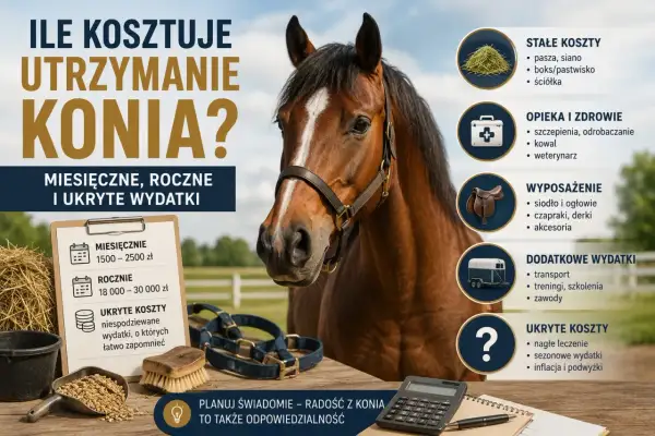 Ile kosztuje utrzymanie konia? Grafika przedstawia konia, koszty miesięczne, roczne i ukryte wydatki, w tym paszę, opiekę weterynaryjną i wyposażenie.