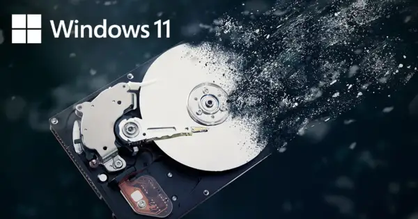 Dysk twardy rozpada się w pył pod logo Windows 11.