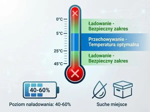 Termometr pokazuje optymalną temperaturę do przechowywania i ładowania akumulatora. Poziom naładowania 40-60% i suche miejsce zapewniają jego żywotność.