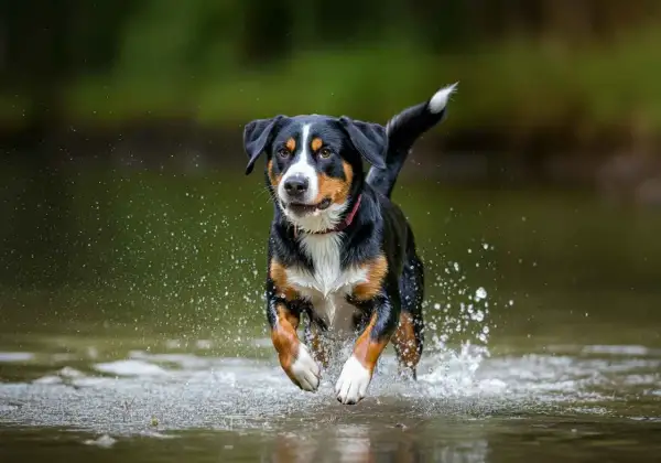 Un boyero de Appenzell corre feliz por el agua, salpicando a su paso.
