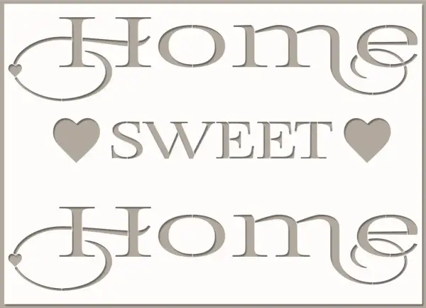 Texte "Home Sweet Home" en lettres bâton stylisées, avec des cœurs et des volutes.
