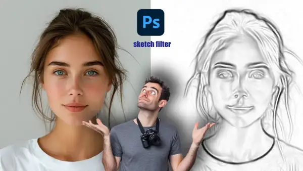 A split image shows a woman's portrait on the left and a sketch-like version on the right, created with a photoshop sketch filter. A man with a camera looks up in wonder.