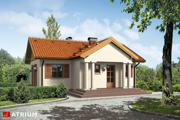 Uroczy dom w stylu dworkowym, z werandą wspartą na kolumnach i czerwoną dachówką. Idealny przykład projektów domów dworkowych.