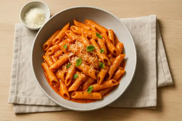 En skål med krämig vodka pasta, toppad med riven parmesan och färska örter. En klassiker som alltid går hem.