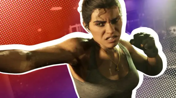Aggressive Kämpferin im **GTA 6 Gameplay**. Sie ist bereit für den Kampf, mit angespannten Muskeln und entschlossenem Blick.