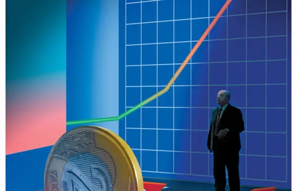 Biznesmen patrzy na wykres wzrostu, symbolizujący potencjalny zysk lub niebezpieczną lichwę. Moneta sugeruje finanse.
