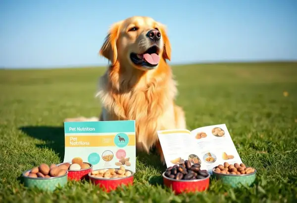 Złoty retriever siedzi na trawie obok misek z orzechami i broszury "Pet Nutrition". Czy pies może jeść orzechy nerkowca? Dowiedz się więcej!