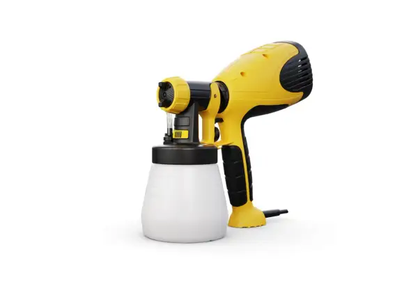 Pistola a spruzzo gialla e nera con serbatoio bianco. La tecnologia HVLP significa alta efficienza, basso volume, per una verniciatura precisa.