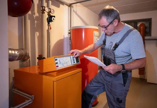 Tecnico controlla la caldaia, documentazione alla mano, per stimare il costo manutenzione caldaia.