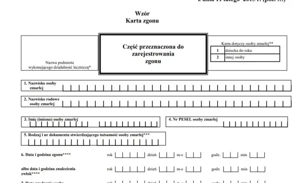 Karta zgonu - formularz do wypełnienia. W weekendy akt zgonu wystawia dyżurny lekarz.