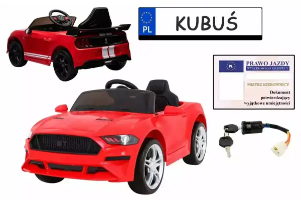 Czerwony samochodzik z tablicą "KUBUŚ" i dokumentem "Prawo Jazdy Wyjątkowego Kierowcy". Idealny dla małego mistrza kierownicy.