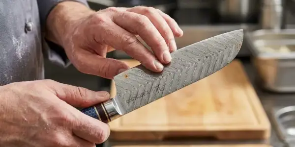 Hände reinigen ein Damastmesser, um Rost von Messer entfernen. Das Muster auf der Klinge ist deutlich sichtbar.