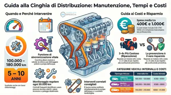 Illustrazione di un motore con la cinghia di distribuzione in evidenza, che spiega la sua funzione vitale, i tempi di sostituzione e i costi. La distribuzione è fondamentale per il corretto funzionamento del motore.