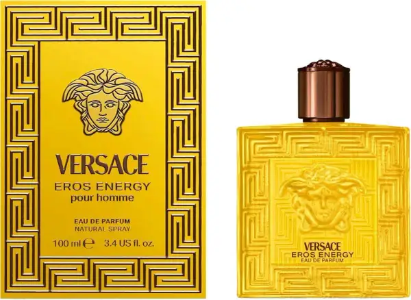 Zestaw Versace Eros Energy pour homme: żółte pudełko z greckim wzorem i butelka perfum.