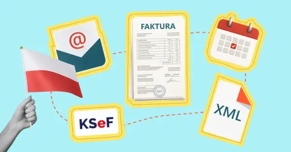 Polska flaga, faktura, koperta, kalendarz i plik XML symbolizują system KSeF.