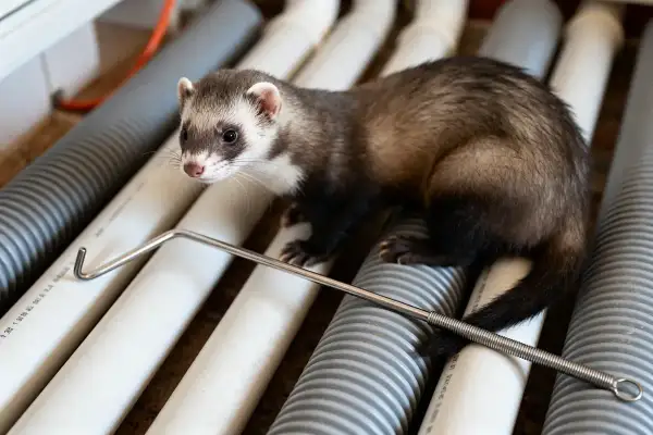 Un furet curieux, peut-être coincé dans une canalisation, observe un outil de déblocage.