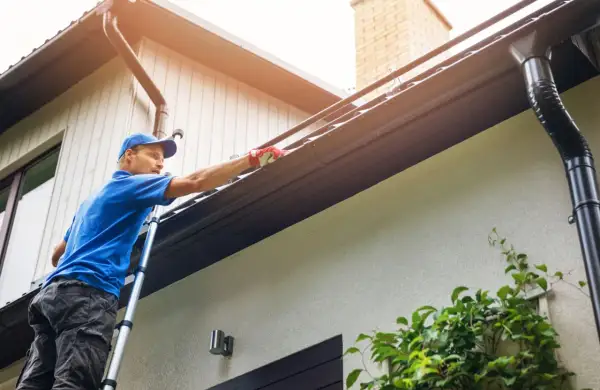 Man on ladder cleaning gutters. This task should be done at least twice a year to prevent clogs.