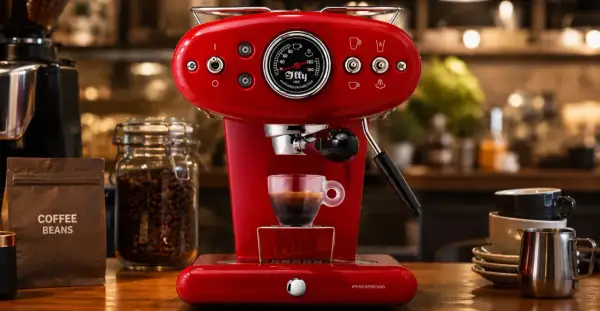 Macchina espresso rossa con tazzina di caffè. Scopri quale caffè usare per macchina espresso per un aroma perfetto.