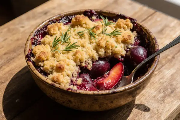 Ein warmer Zwetschgen Crumble mit knuspriger Streuseldecke und Rosmarinzweig, serviert in einer rustikalen Schale auf Holz.