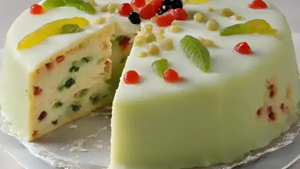 Délicieuse cassata siciliana, un gâteau traditionnel sicilien, avec sa garniture colorée de fruits confits et sa couverture verte.