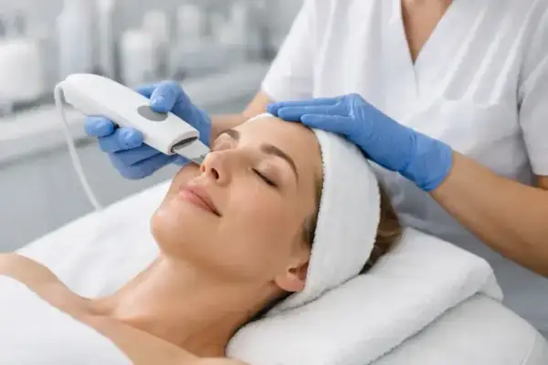 Donna riceve un trattamento di pulizia del viso con ultrasuoni. La pelle appare luminosa e rigenerata.