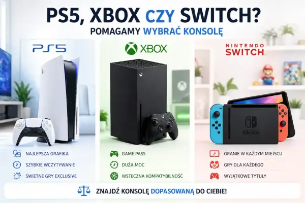 Porównanie konsol PlayStation 5, Xbox Series X/S i Nintendo Switch z ich kontrolerami.