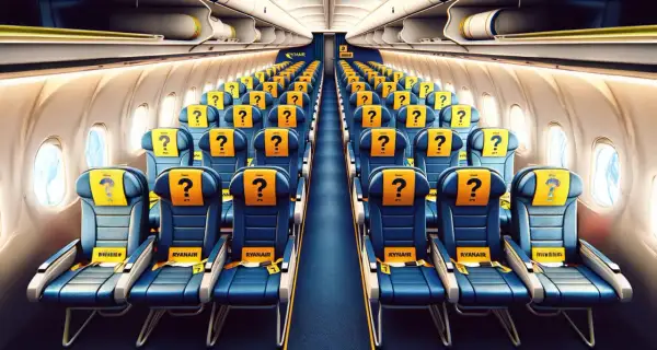 Puste miejsca w samolocie Ryanair z żółtymi zagłówkami i znakami zapytania. Czekają na pasażerów.