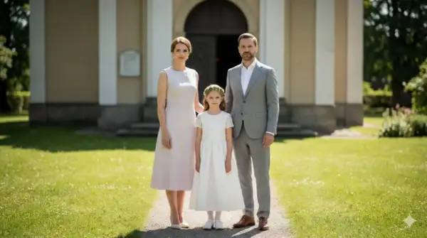 Rodzina przed kościołem. Mama w jasnej sukience, tata w garniturze, a córka w bieli. Idealny przykład, jak się ubrać na komunię syna, gdy to on jest głównym bohaterem.