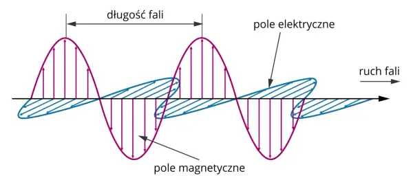 Schemat przedstawia fale elektromagnetyczne, których zastosowanie jest wszechstronne. Widać pole elektryczne i magnetyczne oraz długość fali.