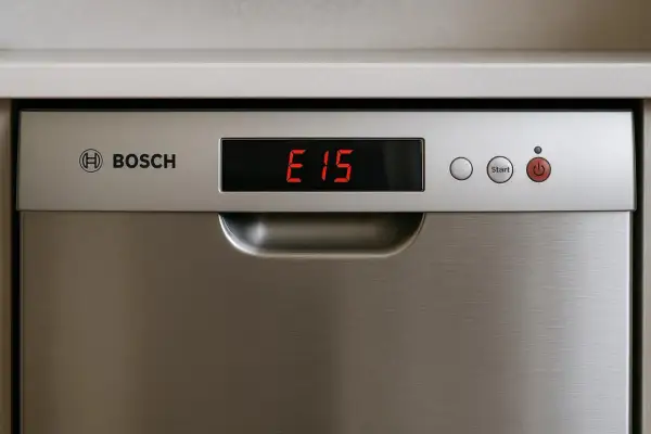 Panel zmywarki Bosch z wyświetlaczem pokazującym błąd E15.