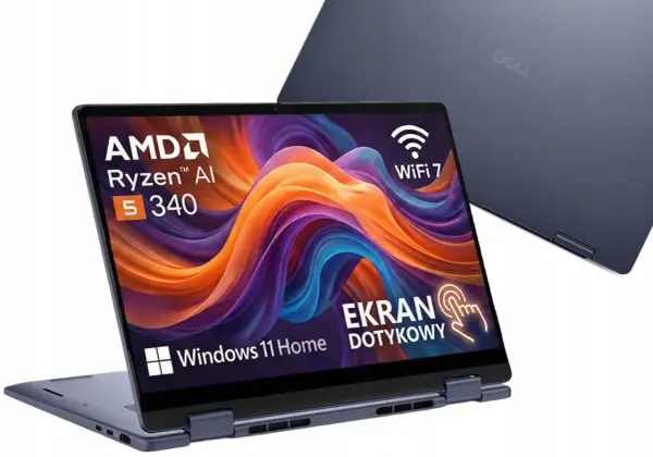 Laptop Dell z ekranem dotykowym, procesorem AMD Ryzen AI 5 340, Wi-Fi 7 i systemem Windows 11 Home. Elegancki, czarne si.