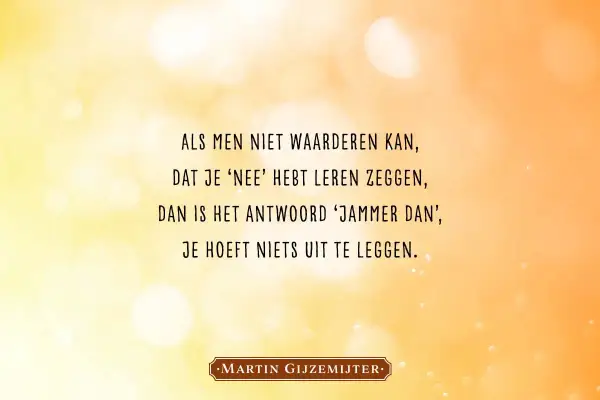 Als je niet gewaardeerd wordt, leer 'nee' zeggen. Loslaten familie quotes negatief. Dan is het antwoord 'jammer dan', je hoeft niets uit te leggen. Martin Gijzemijter.