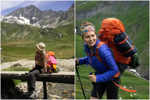 Dwie kobiety z plecakami w górach, przygotowane na przygodę. Jedna siedzi na kładce, druga idzie z kijkami. To może być początek ich tour de Mont Blanc.
