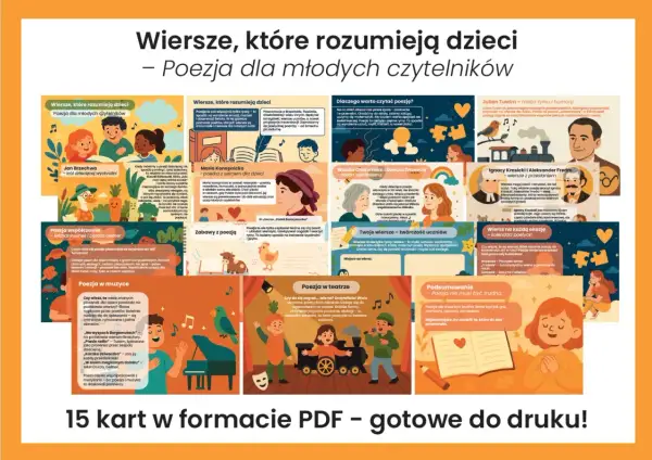 Wiersze, które rozumieją dzieci – poezja dla młodych czytelników. Ilustracje przedstawiają dzieci, zwierzęta i postacie z literatury, zachęcając do odkrywania świata **lyric**.