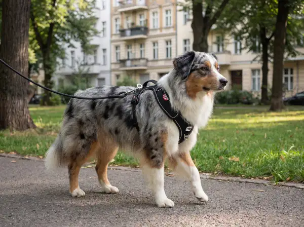 Ein wunderschönes australian shepherd Rasseportrait: Ein blue merle Australian Shepherd mit seinem charakteristischen Fellmuster und einem Geschirr spaziert auf einem Weg.